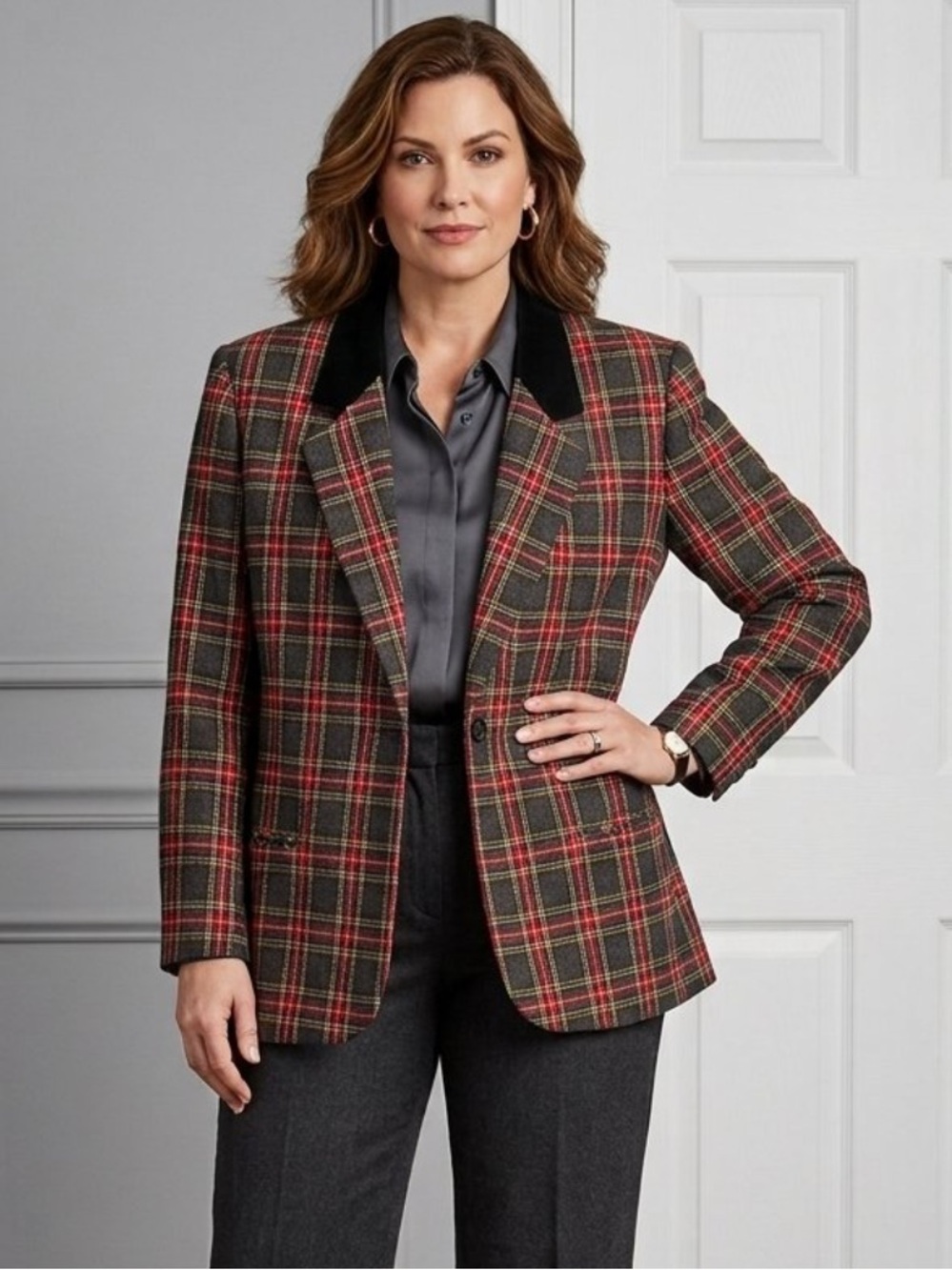VTG 90's Sag Harbor Dark Gray Plaid Blazer with Black Velvet Color Size 14
